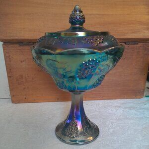 VTG Blue Carnival "Harvest Grape" Candy Dish with Lid